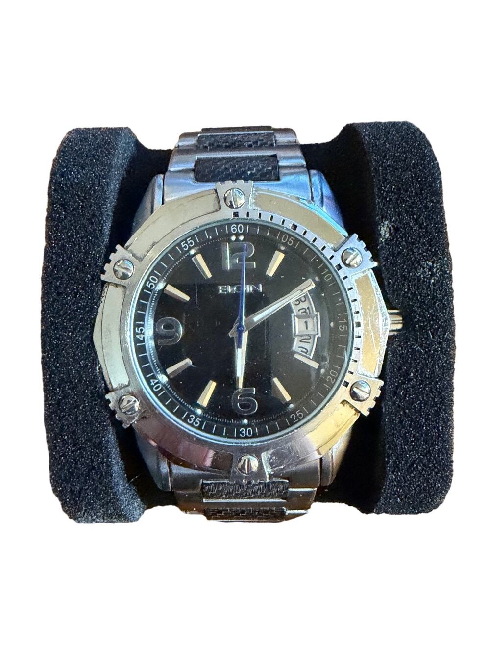 Elgin Men's Analog Wristwatch, Alloy, Gunmetal, Day Date, Sport Style